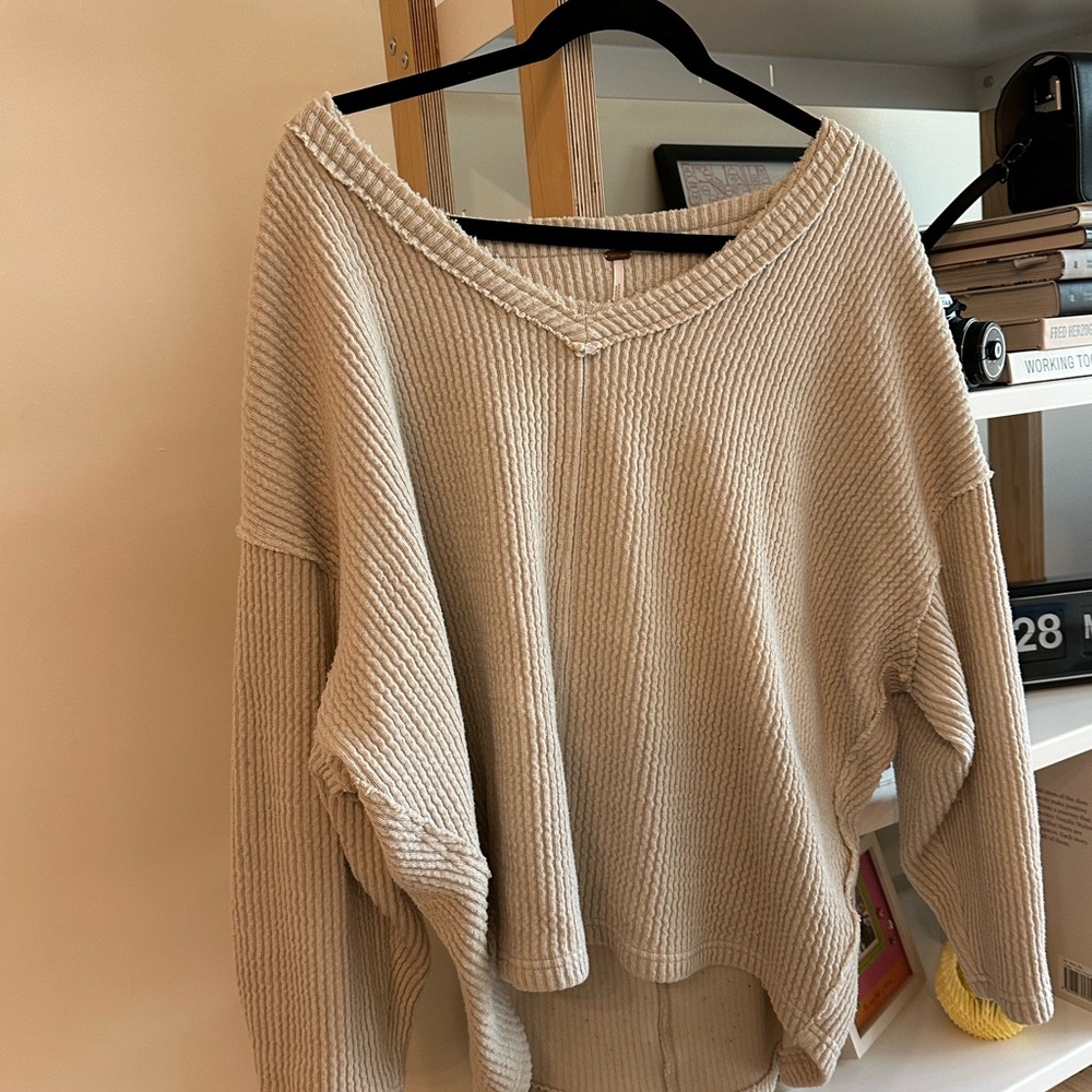 Free People Cream V-Neck Sweater with Ribbed Knit